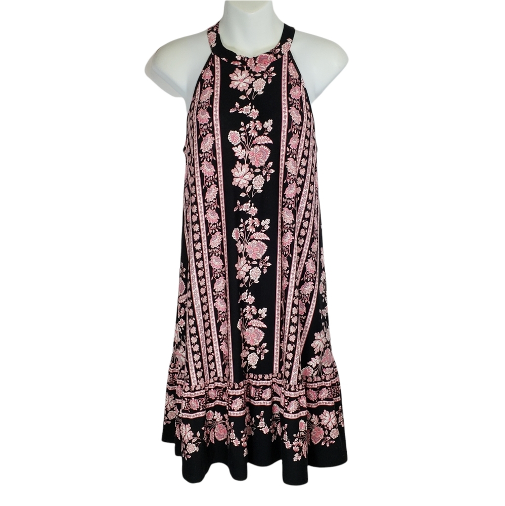 Loft Sleeveless Halter Black Pink Swing Dress Size Small